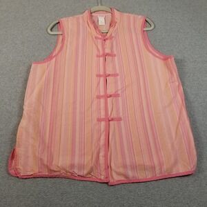 Cruz Top Women XL Pink Orange Stripe Frog Button Mandarin Collar Oriental Blouse